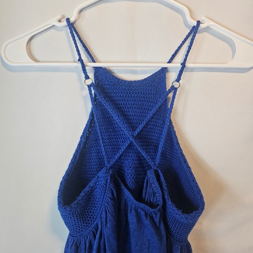 Free People Crochet Halter Tank Top XS Blue Boho Festival Strappy Peplum Hippie - Picture 4 of 8